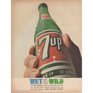 1967 7-Up Vintage Print Ad Wet and Wild Soda Bottle Retro Decor Close Up